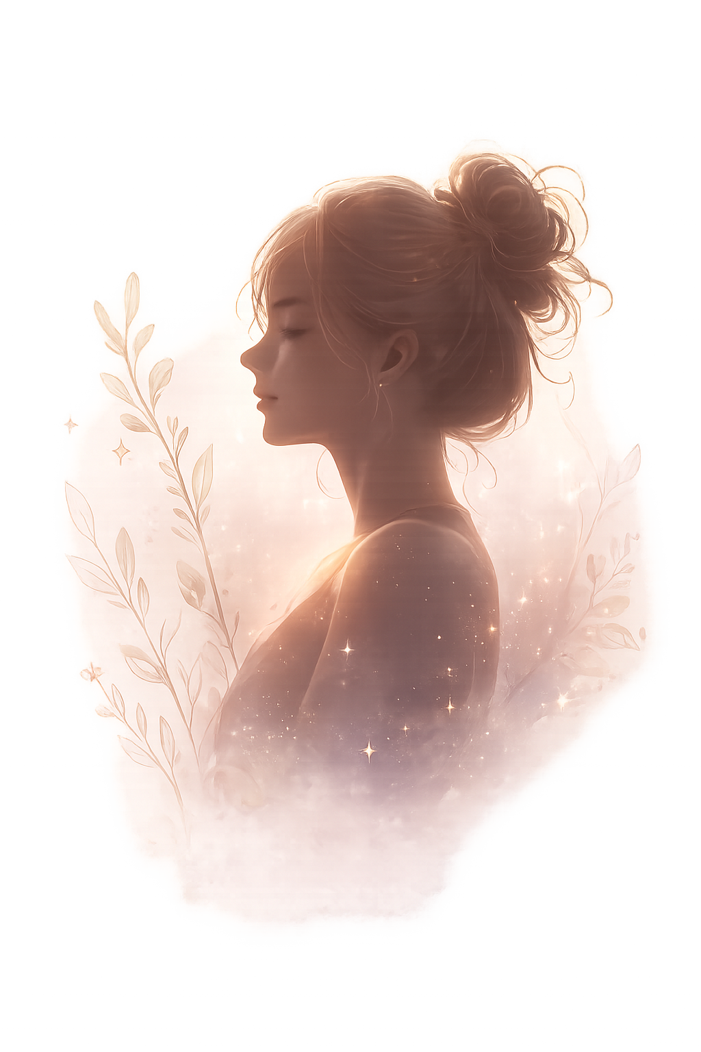 Illustration of a woman in profile, wrapped in soft light and botanicals